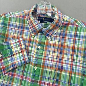 Ralph Lauren Shirt Mens Large Green Pink Madras Plaid Slim Button Down Preppy